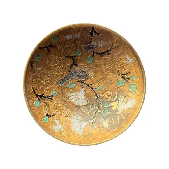 Brass Cloisonné Decorative Trinket Pedestal Dish/Bowl Birds Flowers Vtg 1970s - Picture 4 of 7